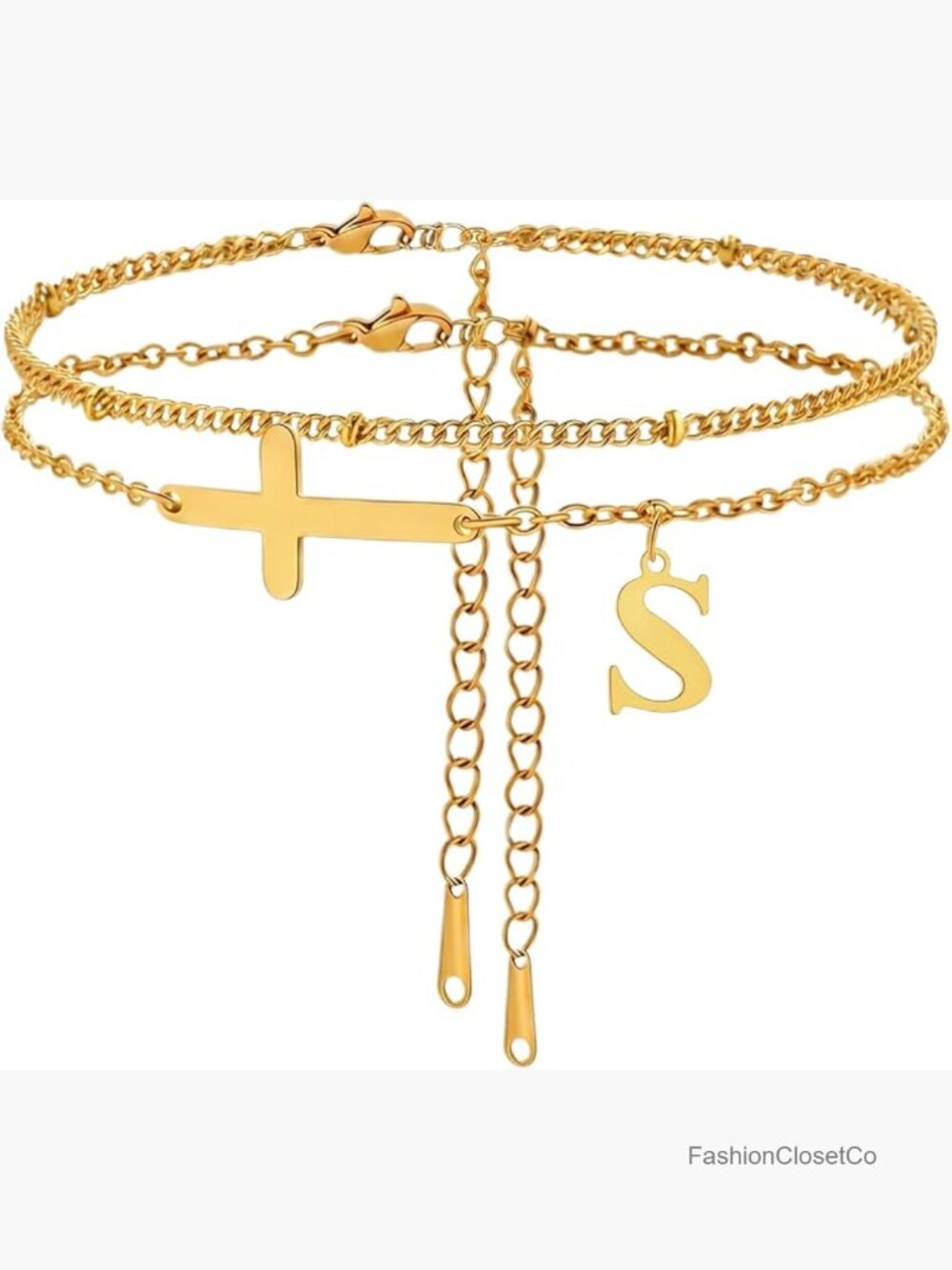 Layered Cross Initial Ankle Bracelets for Women Waterproof 14K Gold Plated